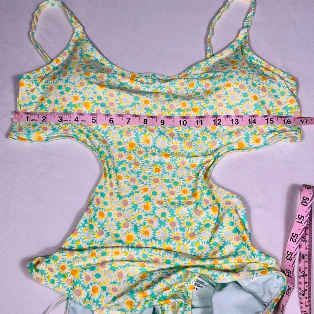 Aerie Real Good Daisy Floral Cutout One Piece Swimsuit XL Green Yellow White NWT